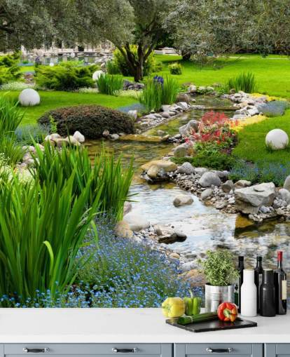 papier peint mural d'étang personnalisable vert appelé Asian Garden and Pond pour les maisons de retraite, les entreprises et les dentistes