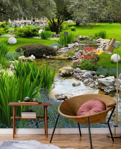 papier peint mural d'étang personnalisable vert appelé Asian Garden and Pond pour les maisons de retraite, les entreprises et les dentistes