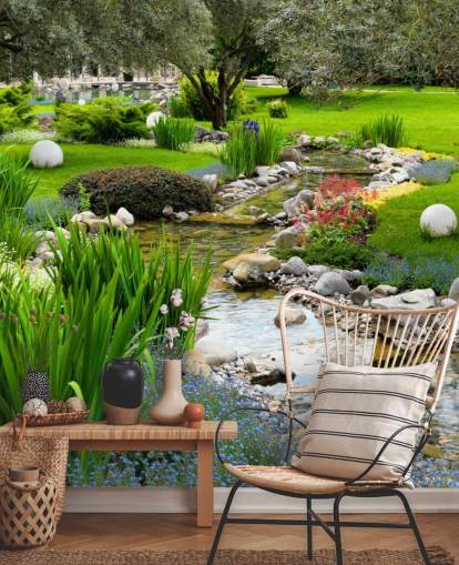 green customisable pond wallpaper mural called Asian Garden and Pond for care homes, businesses and dentists