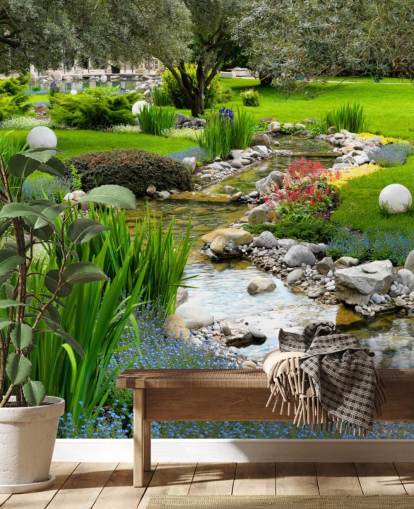 grüne, personalisierbare Teichtapete namens Asian Garden and Pond für Pflegeheime, Unternehmen und Zahnärzte