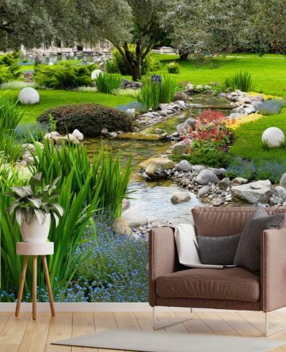 grønt tilpassbart damtapet veggmaleri kalt Asian Garden and Pond for omsorgsboliger, bedrifter og tannleger