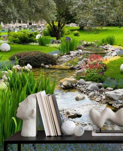 green customisable pond wallpaper mural called Asian Garden and Pond for care homes, businesses and dentists