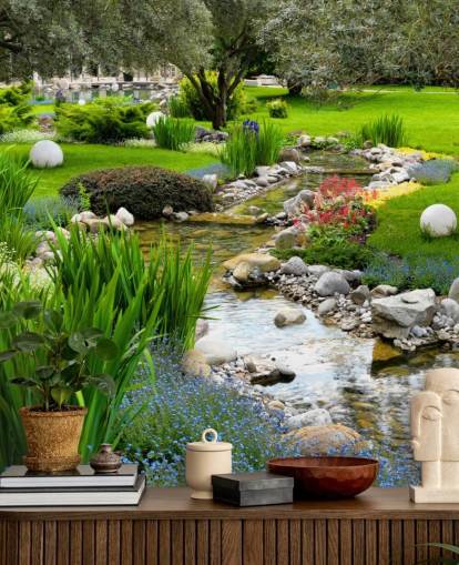 grønt tilpassbart damtapet veggmaleri kalt Asian Garden and Pond for omsorgsboliger, bedrifter og tannleger