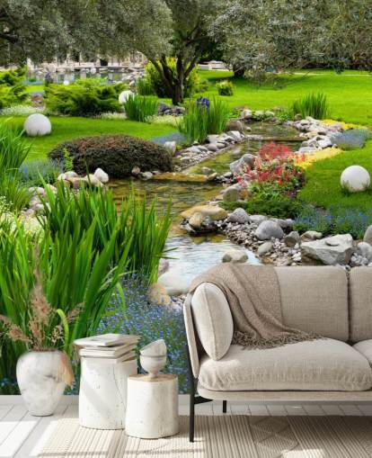 grønt tilpasseligt damtapetmaleri kaldet Asian Garden and Pond til plejehjem, virksomheder og tandlæger grønt tilpasseligt damtapetmaleri kaldet Asian Garden and Pond til plejehjem, virksomheder og tandlæger