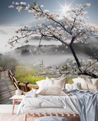 misty mountain top walkway with cherry blossom trees wallpaper misty mountain top walkway with cherry blossom trees wallpaper