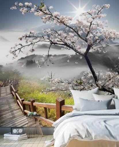 misty mountain top walkway with cherry blossom trees wallpaper called Japanese Walkway for offices
