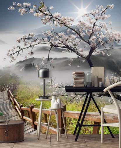 Pasarela brumosa en la cima de una montaña con papel pintado de cerezos en flor llamada Japanese Walkway para oficinas Pasarela brumosa en la cima de una montaña con papel pintado de cerezos en flor llamada Japanese Walkway para oficinas