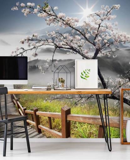 misty mountain top walkway with cherry blossom trees wallpaper called Japanese Walkway for offices
