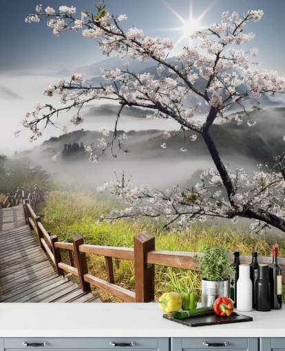 papier peint d'une passerelle brumeuse au sommet d'une montagne avec des cerisiers en fleurs appelé Japanese Walkway for offices
