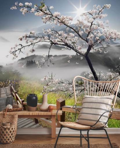 misty mountain top walkway with cherry blossom trees wallpaper called Japanese Walkway for offices misty mountain top walkway with cherry blossom trees wallpaper called Japanese Walkway for offices