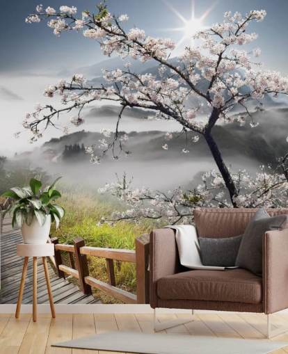 misty mountain top walkway with cherry blossom trees wallpaper called Japanese Walkway for offices