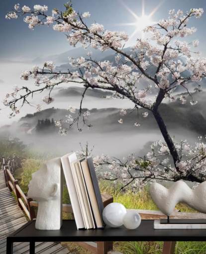 dimmigt bergstopp med körsbärsträd tapet kallad Japanese Walkway för kontor