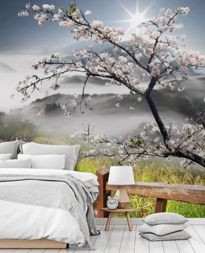 mistig wandelpad op een bergtop met kersenbloesembomen, behang genaamd Japanese Walkway voor kantoren mistig wandelpad op een bergtop met kersenbloesembomen, behang genaamd Japanese Walkway voor kantoren