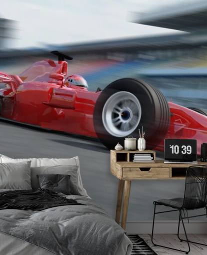 Carro F1 vermelho no mural da parede de corrida Carro F1 vermelho no mural da parede de corrida