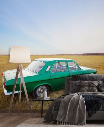 Fondo de pantalla de coche vintage verde en campo