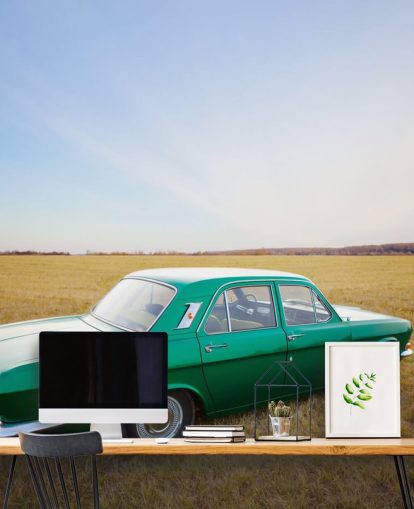 Green Vintage Car in Field Wallpaper