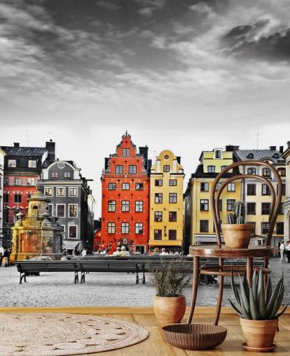 colourful old buildings in monochrome setting wallpaper