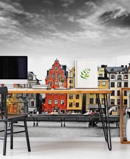 colourful old buildings in monochrome setting wallpaper