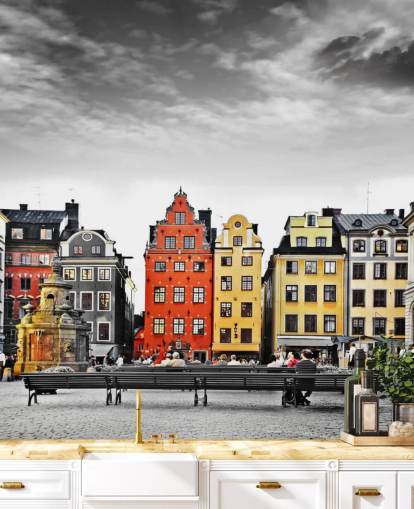 colourful old buildings in monochrome setting wallpaper