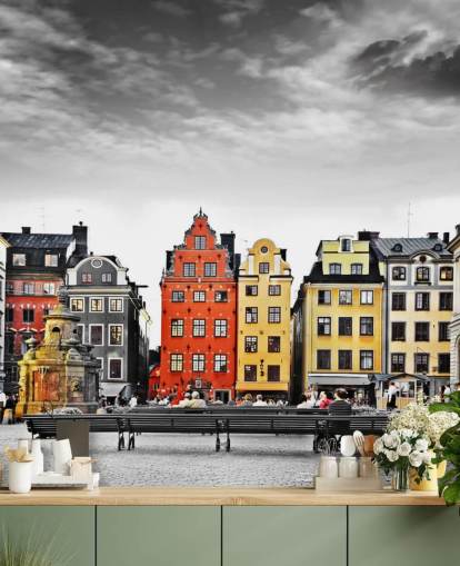 colourful old buildings in monochrome setting wallpaper