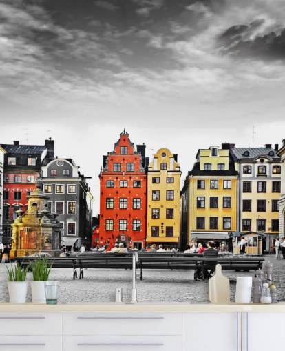 colourful old buildings in monochrome setting wallpaper