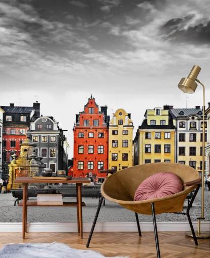 colourful old buildings in monochrome setting wallpaper