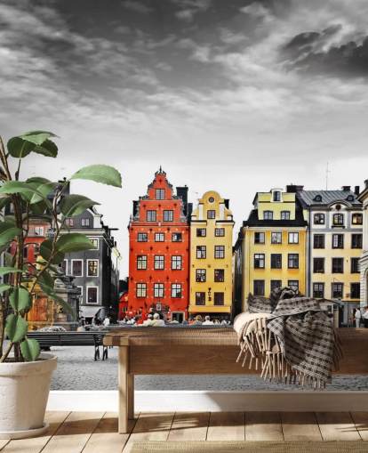 coloridos edificios antiguos en fondo de pantalla monocromático