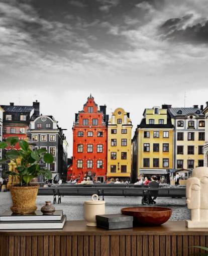 colourful old buildings in monochrome setting wallpaper