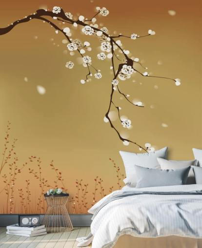Floral White Blossom on Beige Background Mural 