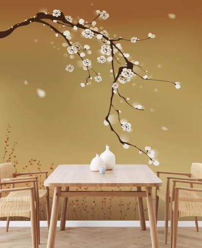 Bloemen witte bloesem op beige achtergrond muurschildering 