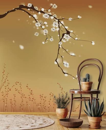 Blommig vit blomma på Beige Bakgrund Väggmålning 