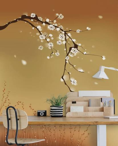 Floral White Blossom on Beige Background Mural 