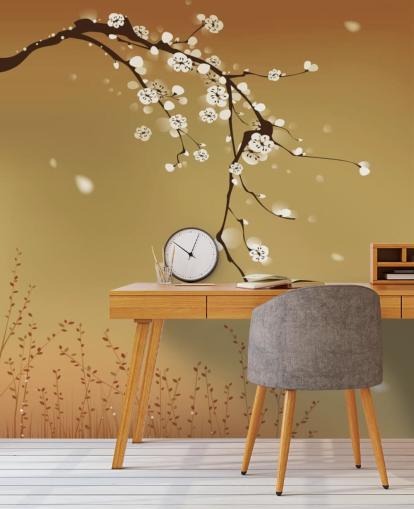 Floral White Blossom on Beige Background Mural 