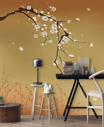 Floral White Blossom on Beige Background Mural 