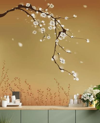 Mural Flores blancas sobre fondo beige 