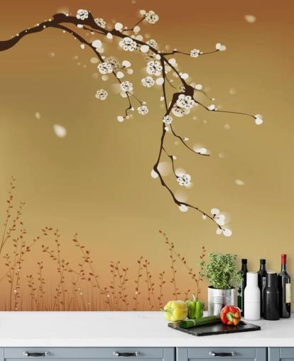 Decorazione murale con fiori bianchi su sfondo beige 