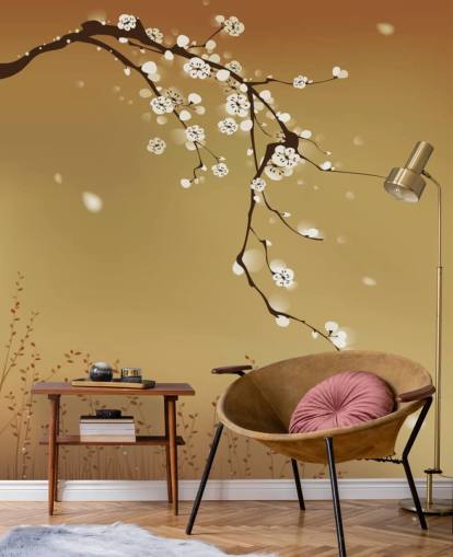 Flor branca floral no mural de fundo bege 