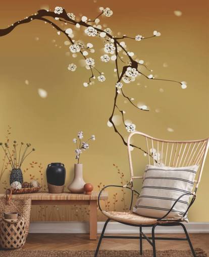 Mural Flores blancas sobre fondo beige 