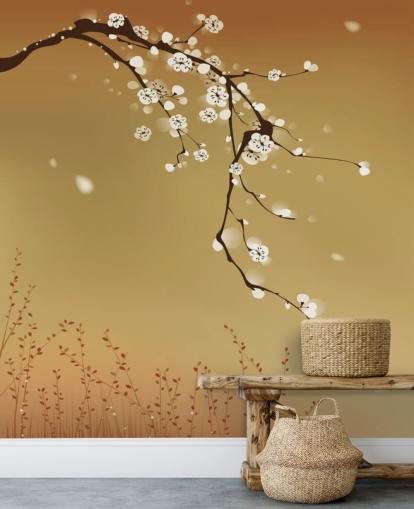 Bloemen witte bloesem op beige achtergrond muurschildering Bloemen witte bloesem op beige achtergrond muurschildering