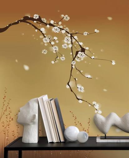 Floral White Blossom on Beige Background Mural 