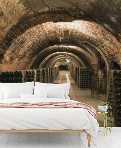 mural de papel de parede de adega 3D personalizável marrom chamado Wine Cellar para cozinhas.