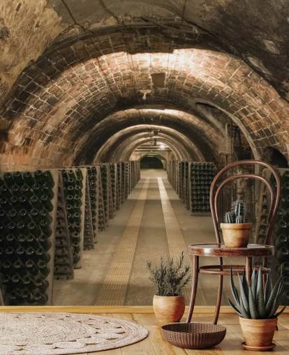 bruine aanpasbare 3D-wijnkelder behangmuurschildering genaamd Wine Cellar voor keukens.