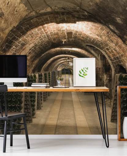 mural de papel de parede de adega 3D personalizável marrom chamado Wine Cellar para cozinhas.