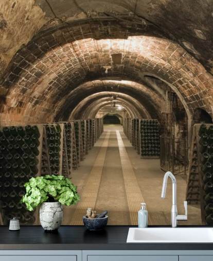 mural de papel de parede de adega 3D personalizável marrom chamado Wine Cellar para cozinhas.