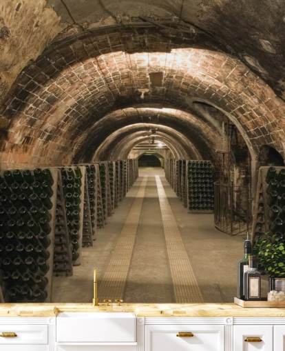 mural de papel pintado de bodega 3D personalizable marrón llamado Wine Cellar para cocinas.