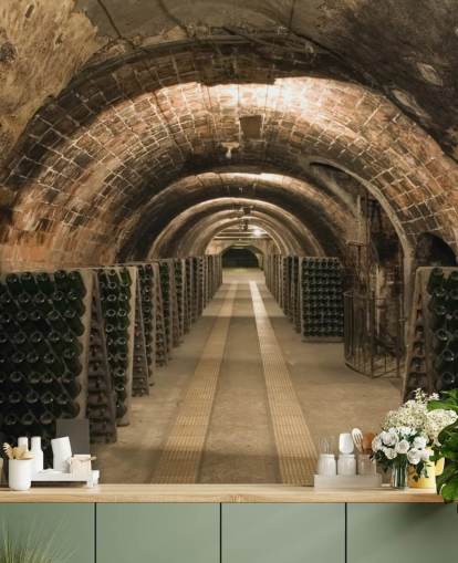 mural de papel pintado de bodega 3D personalizable marrón llamado Wine Cellar para cocinas.