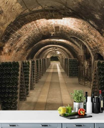 brunt tilpasseligt 3D vinkælder tapetmaleri kaldet Wine Cellar til køkkener.