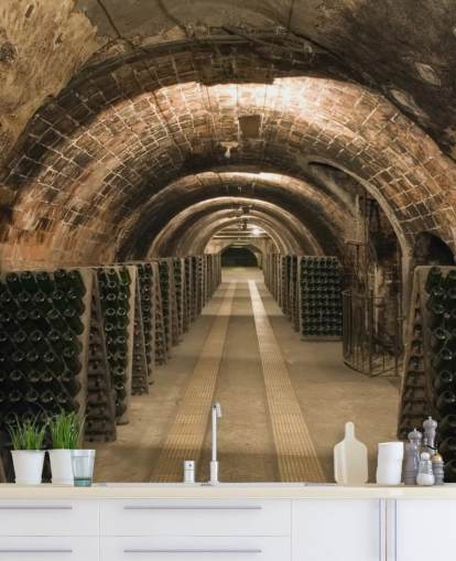 mural de papel pintado de bodega 3D personalizable marrón llamado Wine Cellar para cocinas. mural de papel pintado de bodega 3D personalizable marrón llamado Wine Cellar para cocinas.