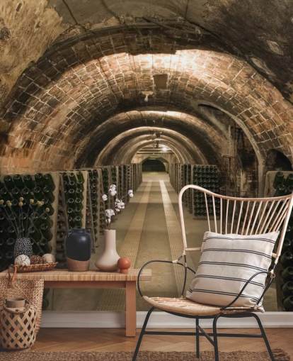 bruine aanpasbare 3D-wijnkelder behangmuurschildering genaamd Wine Cellar voor keukens.