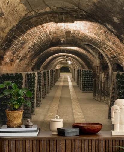 mural de papel de parede de adega 3D personalizável marrom chamado Wine Cellar para cozinhas.